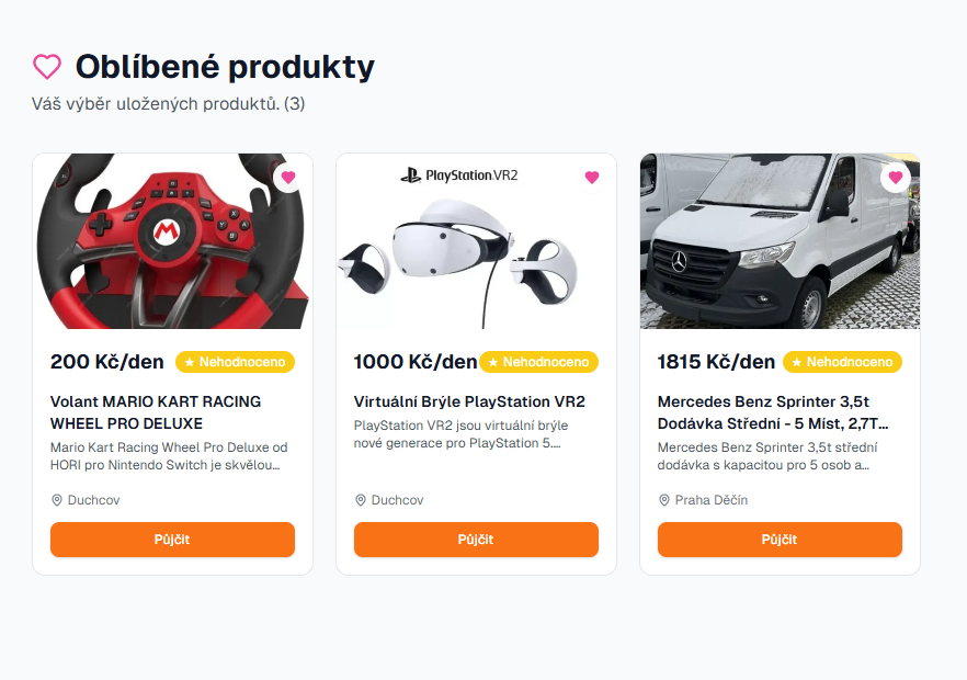 Ukázka webu půjčovny – oblíbené produkty
